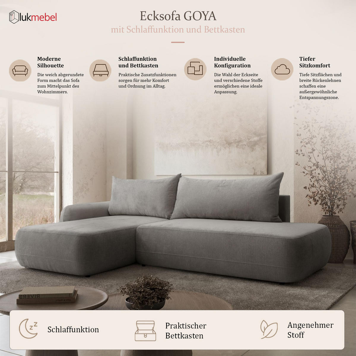 ECKSOFA GOYA mit Schlaffunktion und Bettkasten, Rechte, Perfect Harmony 85 - Hellgrau, Textil (302/184cm) - Lookway