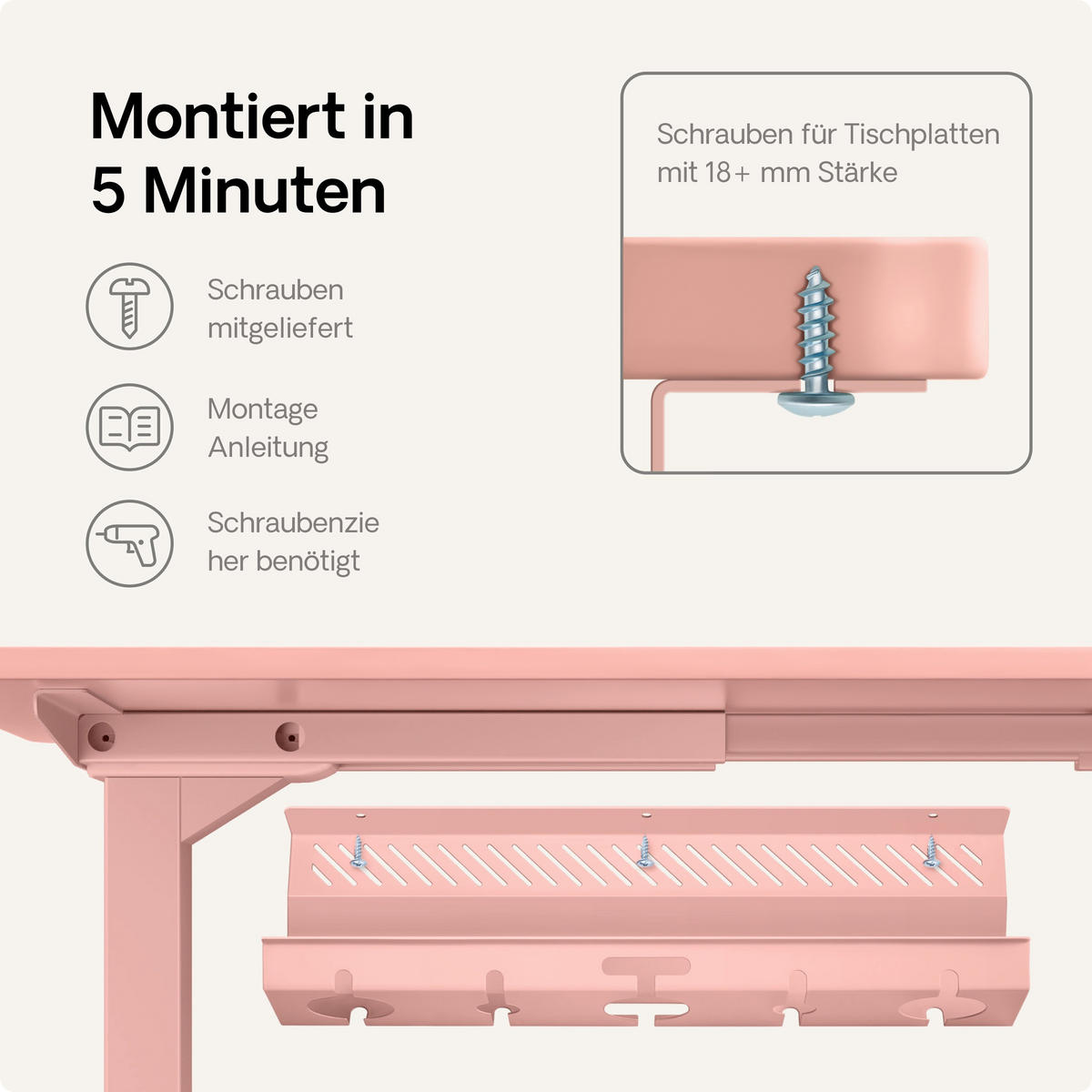 KABELKANAL Schreibtisch Rosa, 2x43cm, Hochwertiger Stahl - Pink, Metall (43/12/10cm) - Desktronic