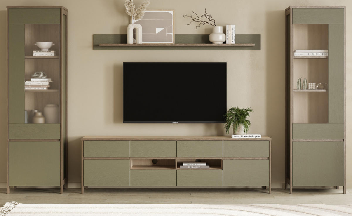 WOHNWAND Salbei grün, Eiche, Wohnkombination skandinavisch 4-teilig 339 cm, Soft-Close - Salbeigrün/Eichefarben, Glas/Holzwerkstoff (339/195/39cm) - Furn.Design