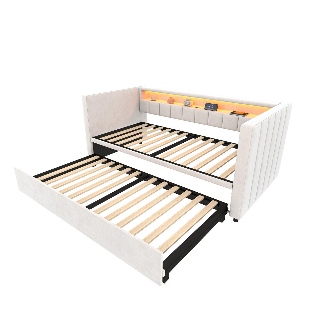 SCHLAFSOFA 90/190 cm mit Ausziehbett, LED-Beleuchtung, USB-Type-C und Samtbezug, Beige - Beige, Textil (201/73/100cm) - Redom