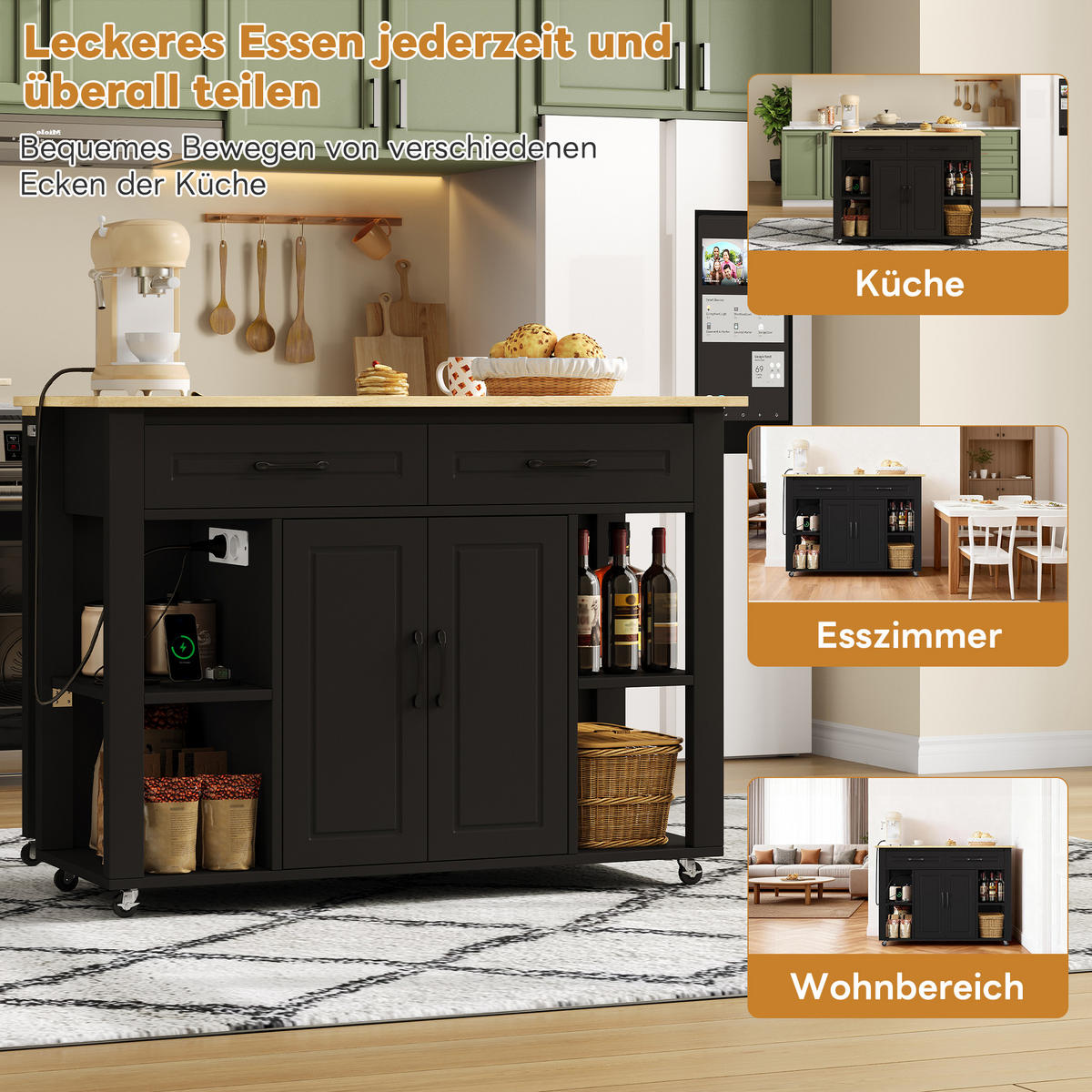 KÜCHENINSEL 120x77x93cm Schwarz MDF/Laminat mit Steckdose & Schubladen - Schwarz, Holzwerkstoff (120/93/77cm) - Modfu
