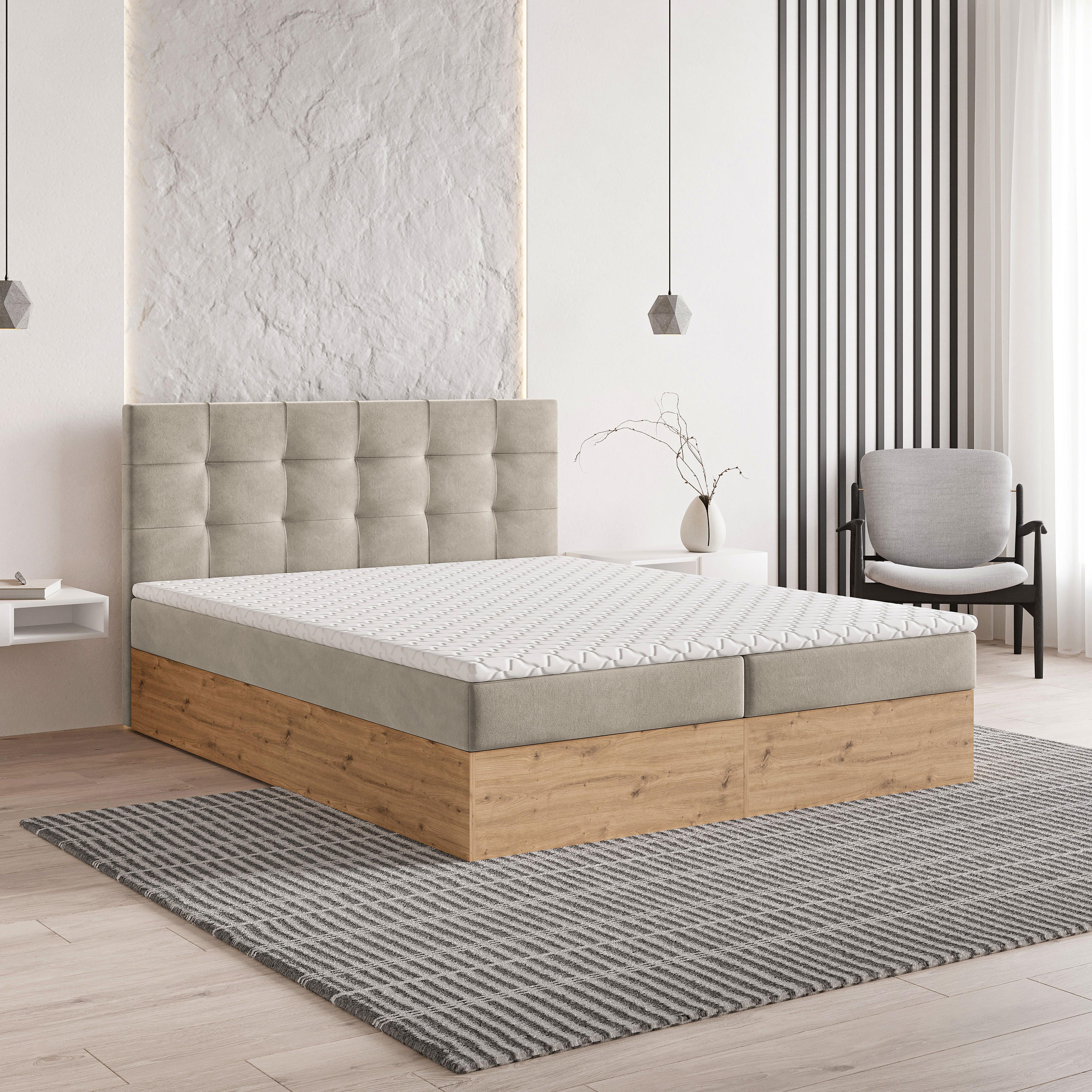 BOXBETT MOLVEN 180x200 cm mit Matratze und Topper - Beige - Beige, Holz (180/200cm) - MASSENO