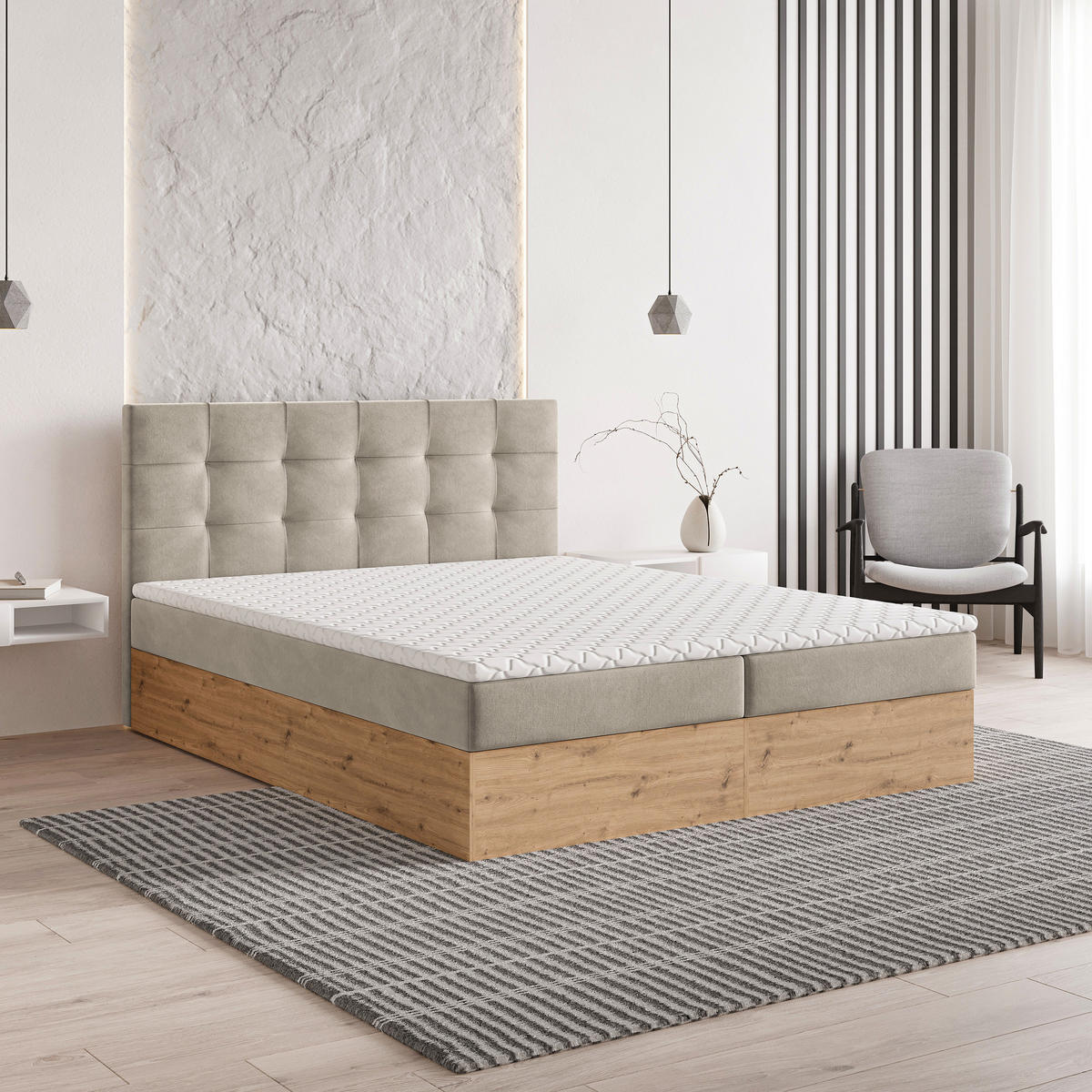 BOXBETT MOLVEN 140x200 cm mit Matratze und Topper - Beige - Beige, Holz (140/200cm) - MASSENO