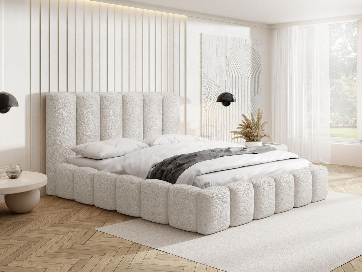 POLSTERBETT Serenity mit Bettkasten, Creme Boucle 120x200 cm - Birkefarben/Schwarz, Holzwerkstoff/Kunststoff (120/200cm) - WFL GROUP
