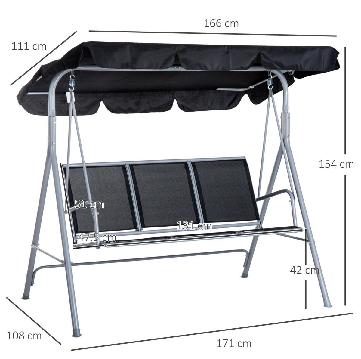 ZAHRADNÍ houpačka 171/108/154 cm šedá z kovu se stříškou pro 3 osoby - šedá, kov (108/154/171cm) - OKWISH