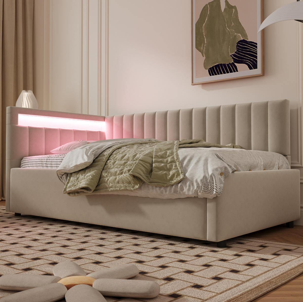 POLSTERBETT 90/200 cm Beige mit LED-Beleuchtung und Stauraum - Beige, Textil (90/200cm) - Flora Grace