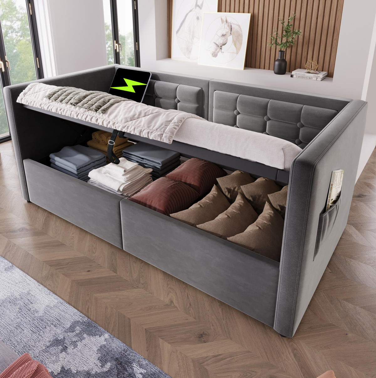 BETT 90/200 cm Grau aus Samt mit Stauraum und USB/Type-C - Grau, Textil (90/200cm) - OKMYHOME