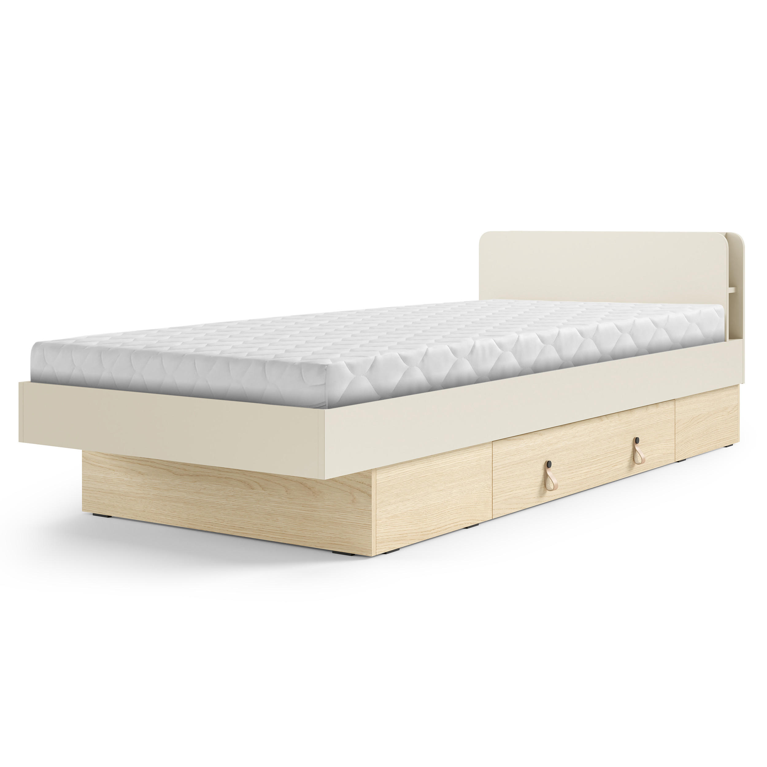 Beautysofa POSTEL Sorella 90 × 200 cm s lamelovým roštem a úložnou zásuvkou, bez matrace, macadamia + dub Mavelie