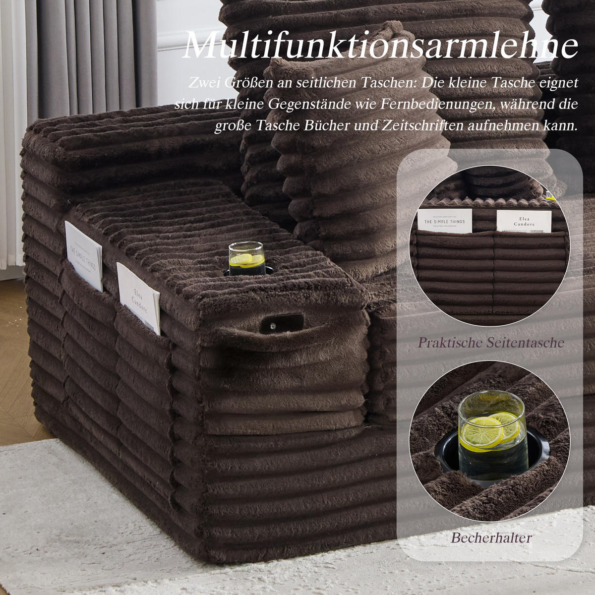 SCHLAFSOFA aus Cord mit Getränkehaltern und Kissen, Kaffeebraun - Mokka, Textil (107.48/34.25/38.58cm)