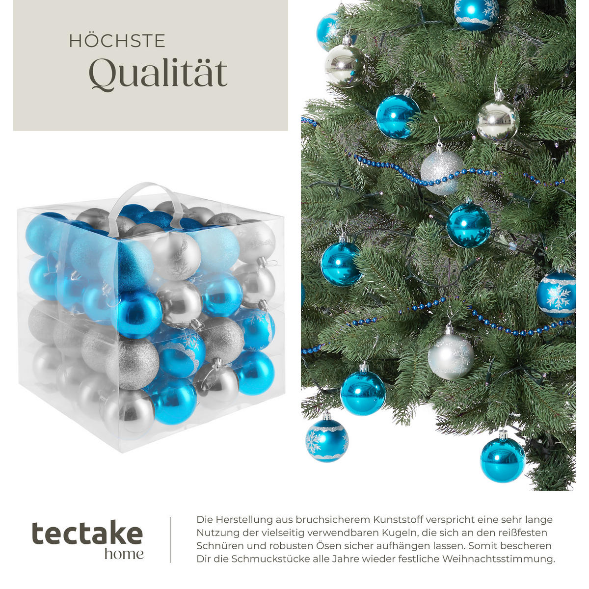 WEIHNACHTSKUGELN ,Durchmesser 6 cm,silber/blau - Blau/Silberfarben, Textil (6/6/6cm) - tectake