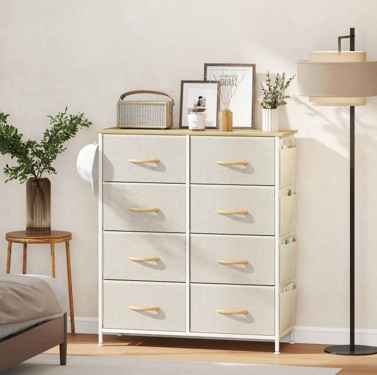 KOMODA z 8 tekstilnimi predali, stranskimi žepi in kljukama, bež, 86 cm - bež, kovina (30/94.5/86cm) - OKMYHOME