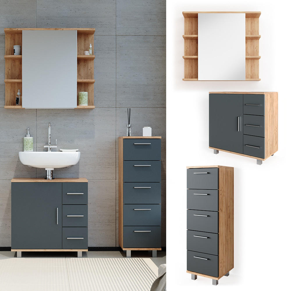 BADMÖBEL-SET Ilias Eiche 3 Teile, mit Midischrank - Eichefarben/Anthrazit, Holzwerkstoff (60/60.8/33cm) - Vicco