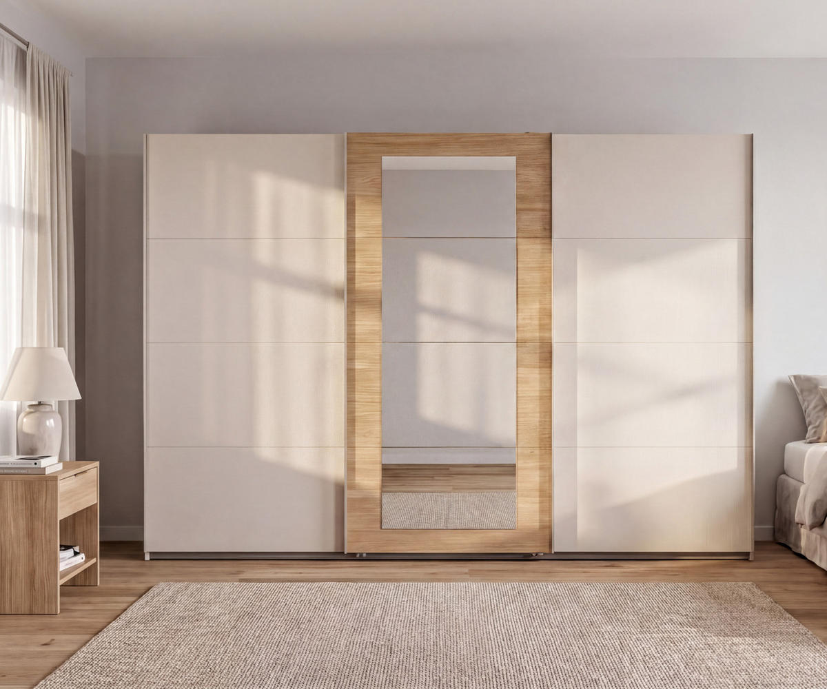 SCHWEBETÜRENSCHRANK 3-türig B313/H208/64 cm Kleiderschrank in Beige Grau, Spiegel umrahmt in Eiche Natur, Griffe Beige Grau / 22631 - Beige, Holzwerkstoff/Metall (313/208/64cm) - luma-home