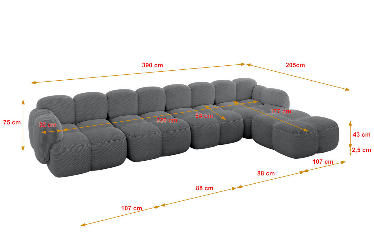ECKSOFA modulares Sofa Rechts Miko-L3 390x205x75 Dunkelgrau Cord - Graphitfarben/Schwarz, Holzwerkstoff/Kunststoff (390/205cm) - ALTDECOR