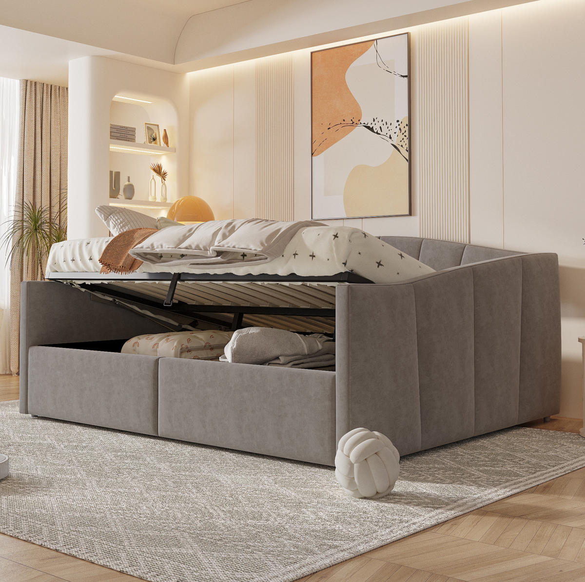 TAPECIRANI krevet 140/200 cm sivi od baršuna s hidrauličnim spremištem i naslonima za ruke - tamno siva, koža (140/200cm) - OKWISH
