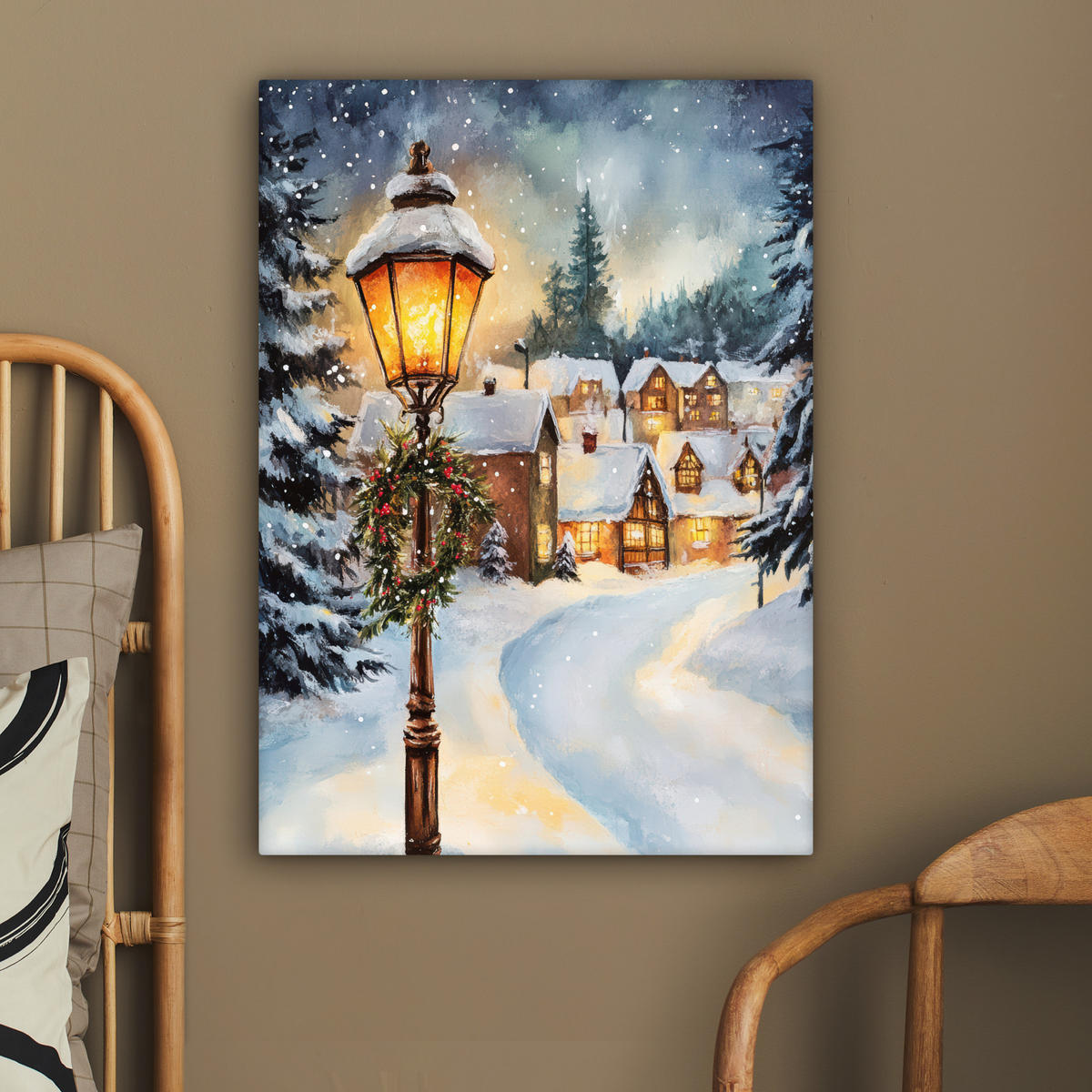 LEINWANDBILD Weihnachtsdorf - Häuser - Schnee - Weihnachten 60x80 cm - Sandfarben, Textil (60/80cm) - MuchoWow