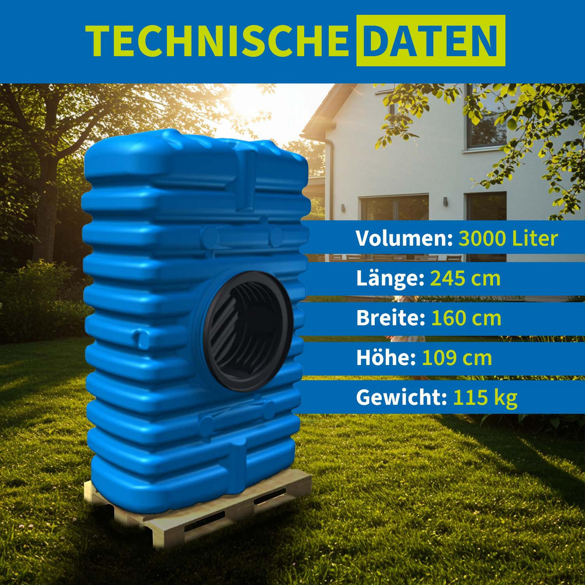 M Flachtank 3000 L inkl. Schachtverlängerung - Blau, Kunststoff (160/109/245cm) - 4rain