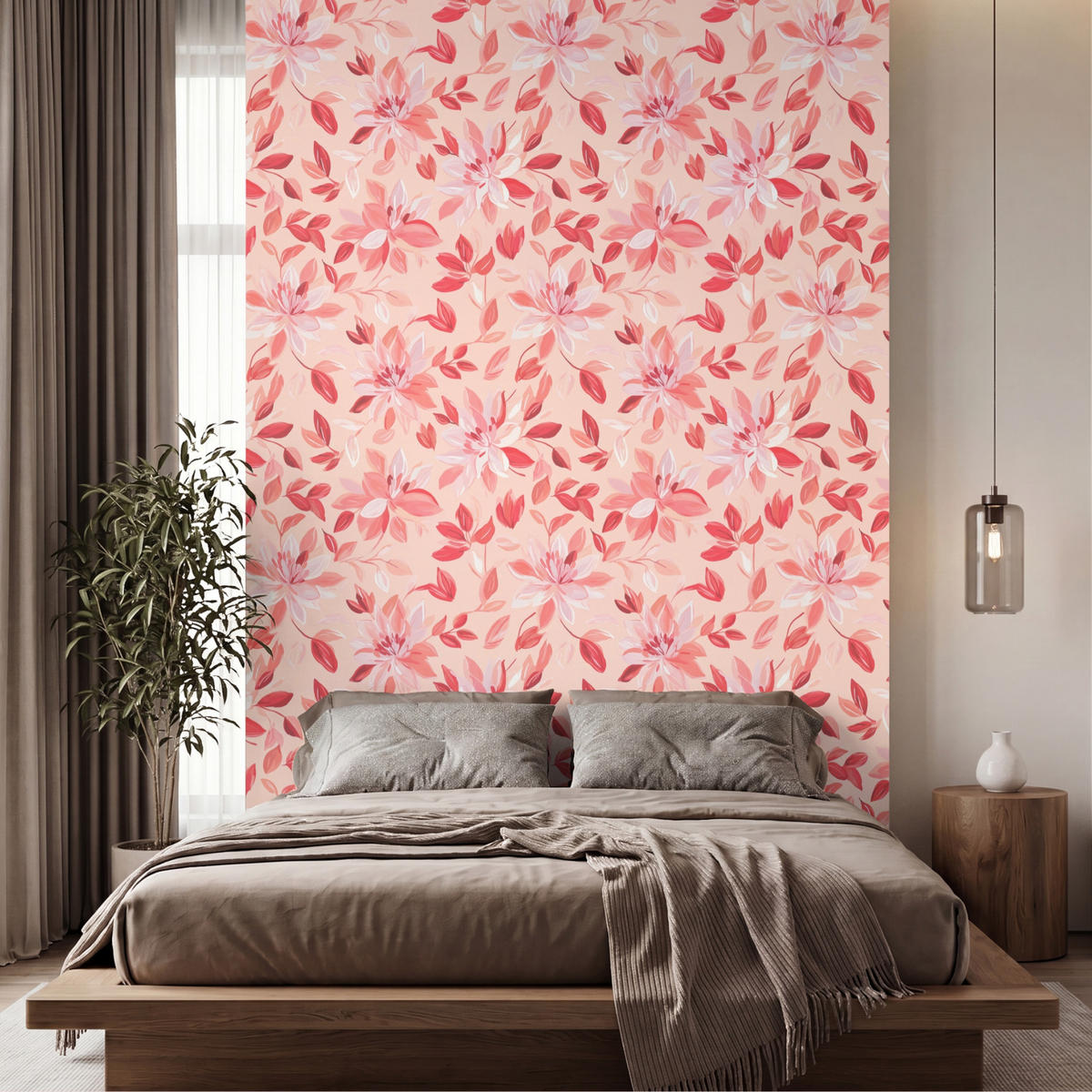 TAPETE - Botanisch - Blumen - Rot - 180x280 cm - Koralle, Papier (180/280cm) - OnlyWow