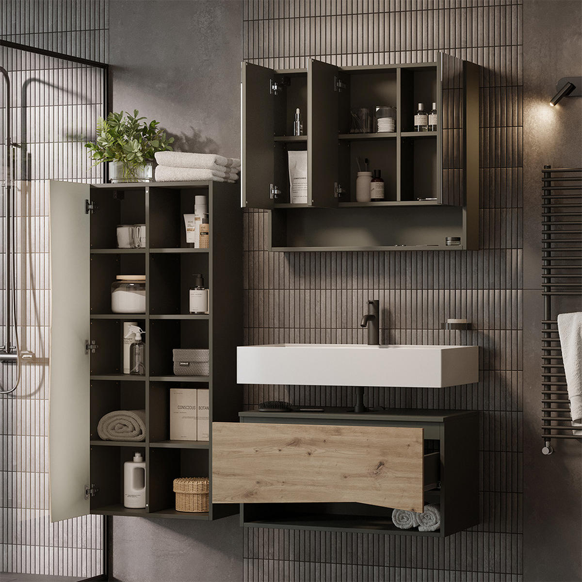 DER HOCHSCHRANK Willow Artisan 56 x 130 cm mit 5 offenen Fächern - Anthrazit/Hellgrau, Holzwerkstoff (56/130/29.8cm) - Vicco