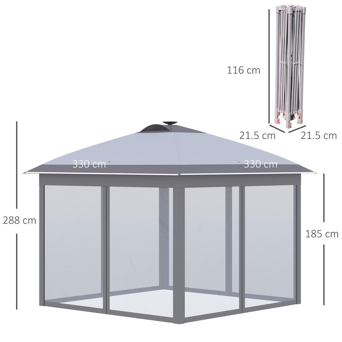 FALTPAVILLON 330/330/288 cm grau aus Metall mit LED und Meshwänden - Grau, Metall (330/288/330cm) - OKWISH