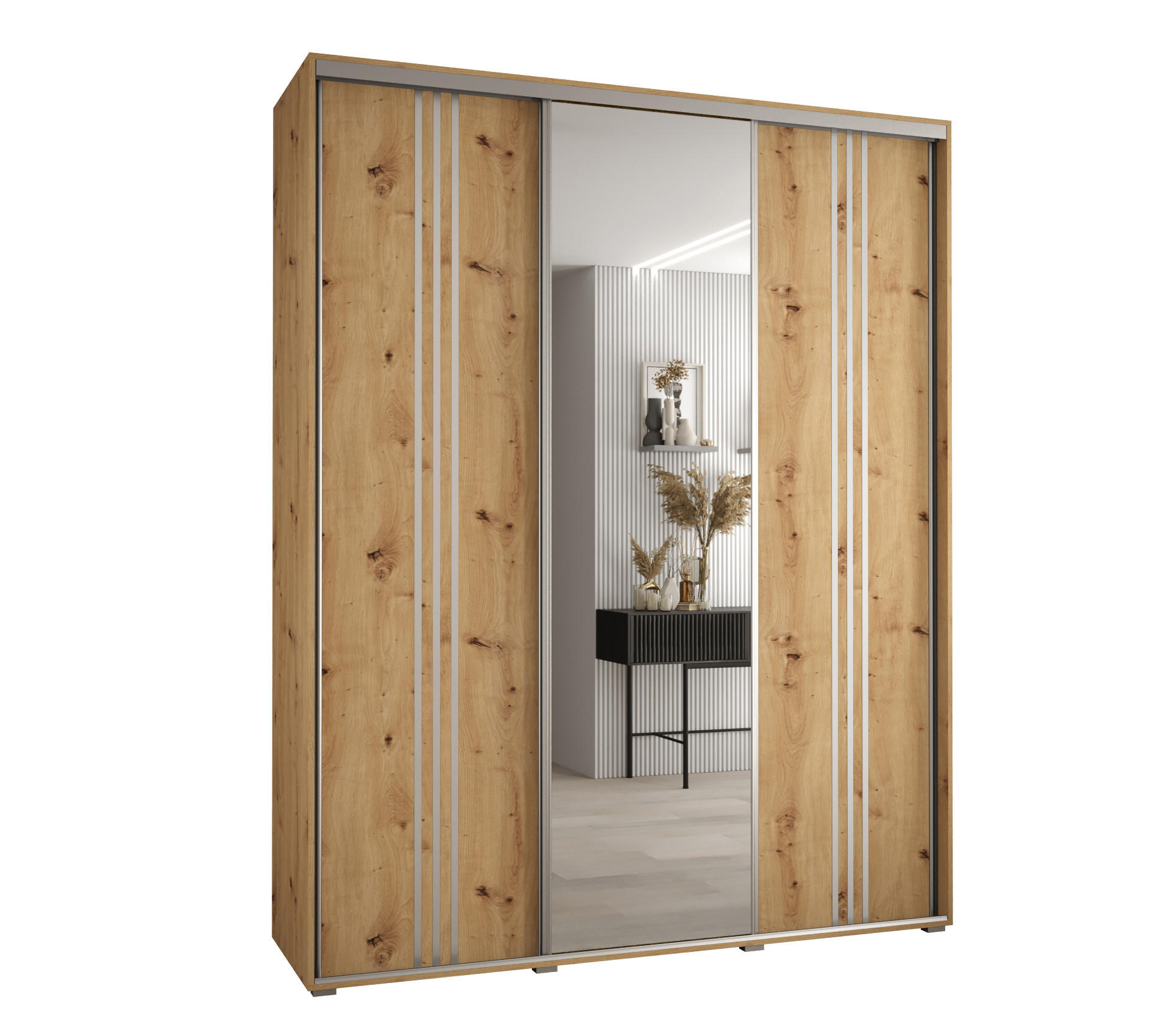 SCHWEBETÜRENSCHRANK 235,2/200/60 3-türig - Silberfarben/Eiche Artisan, Holz/Metall (200/235/60cm) - Abiks Möbel