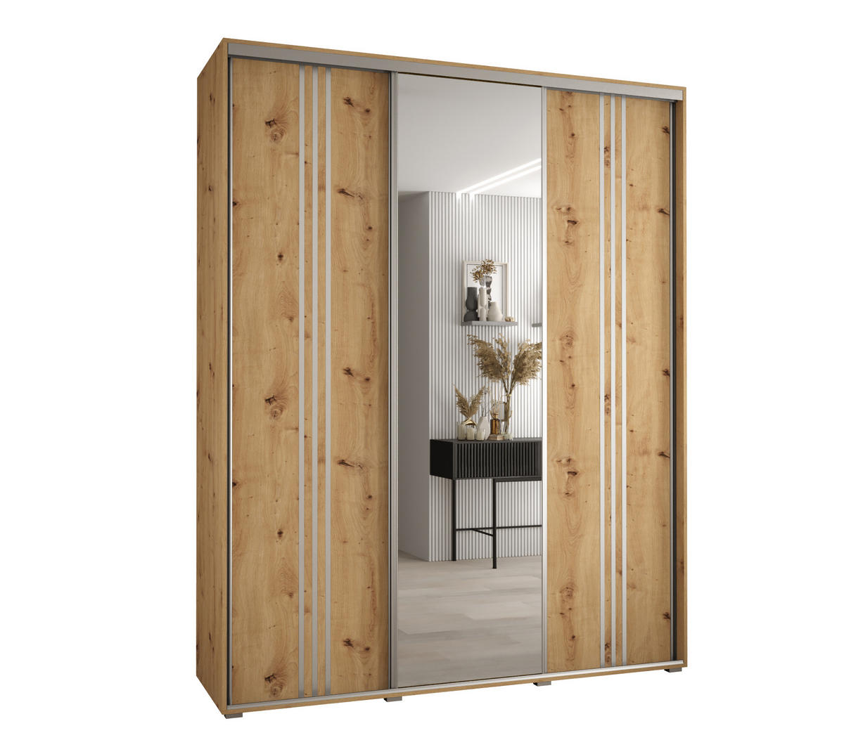 SCHWEBETÜRENSCHRANK 235,2/190/60 3-türig - Silberfarben/Eiche Artisan, Holz/Metall (190/235/60cm) - Abiks Möbel