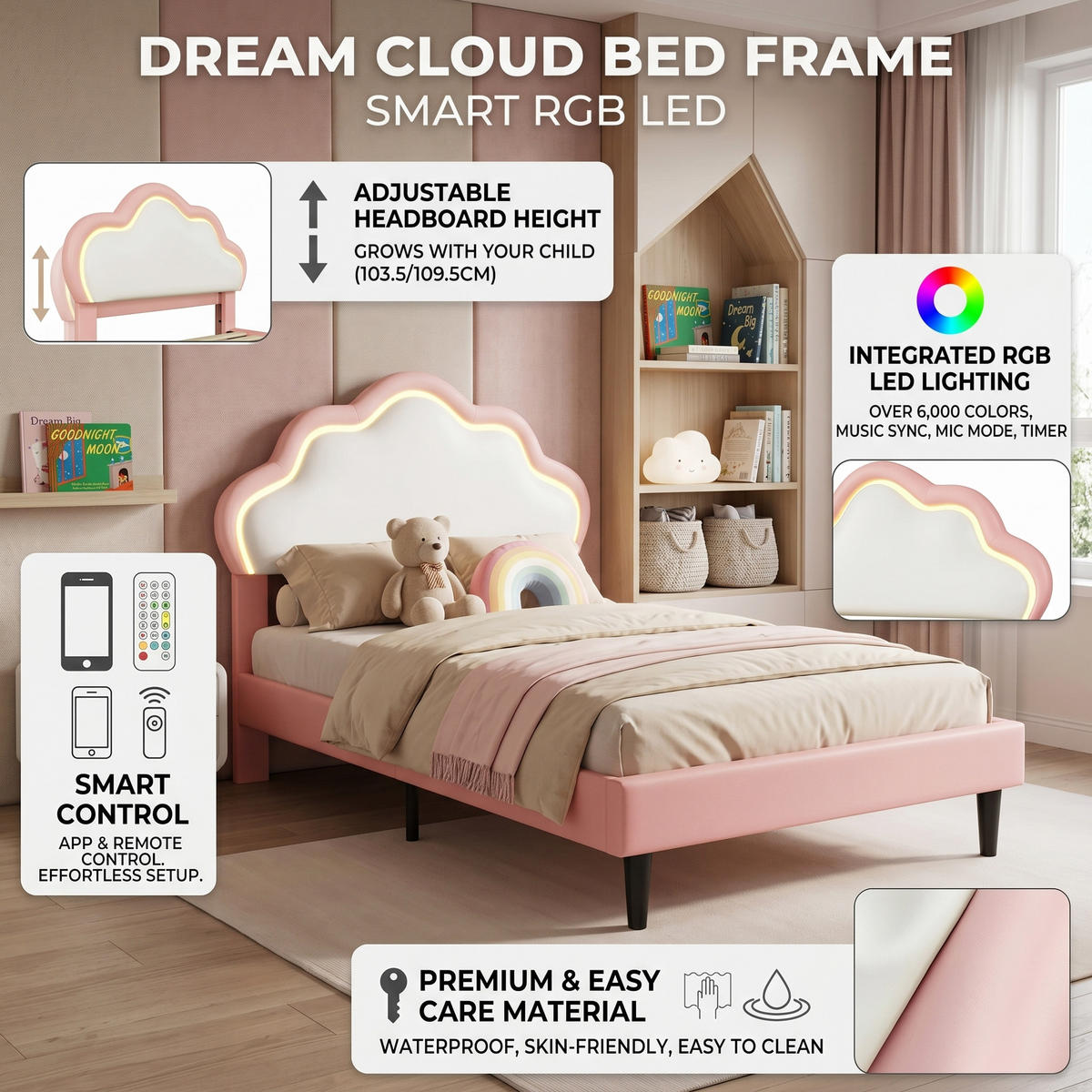 POLSTERBETT Modern mit RGB-LED & Wolken-Kopfteil 90/200 cm PU-Leder Weiß/Rosa - Pink, Textil (90/200cm) - Creahappy