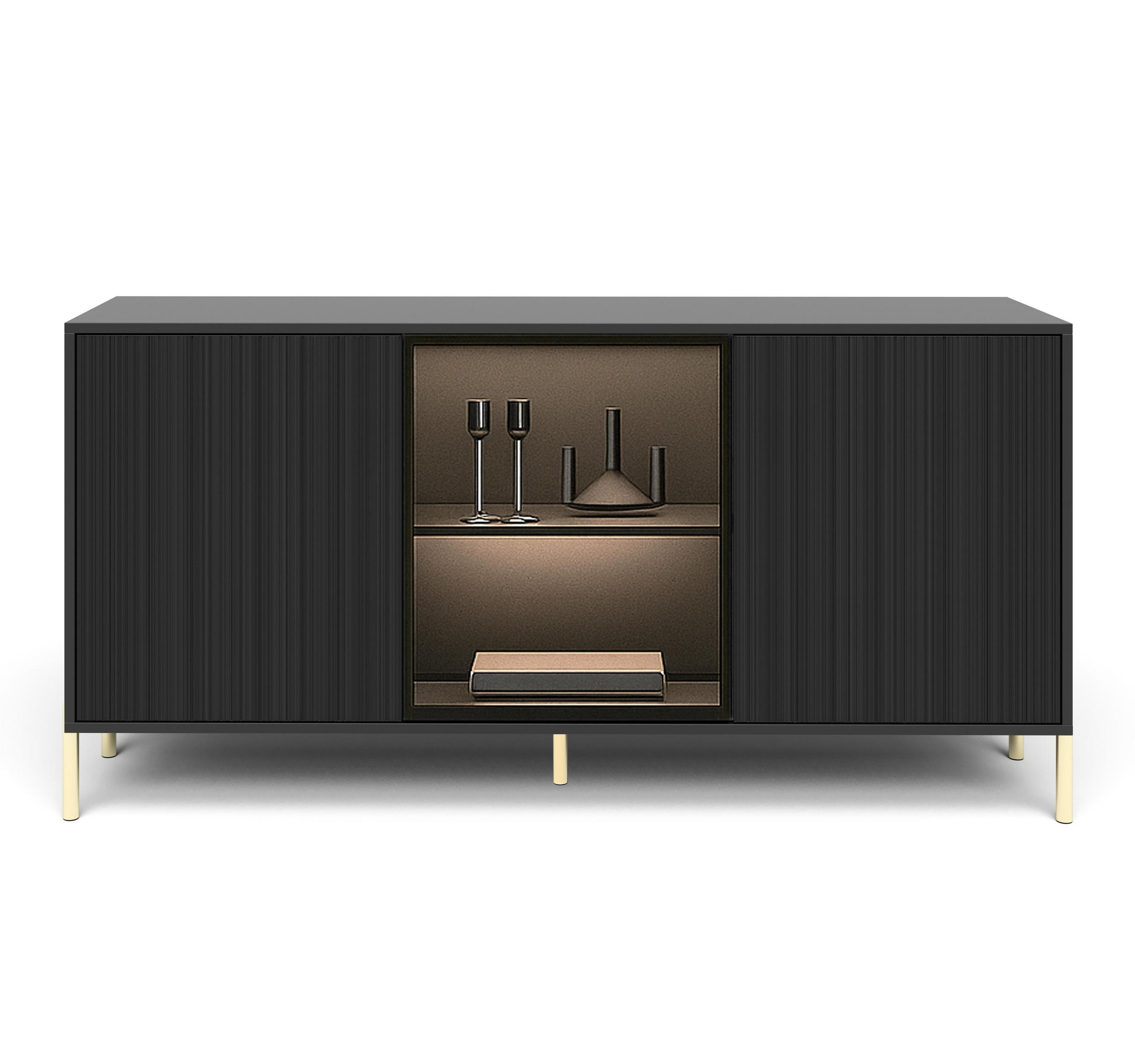 SIDEBOARD Benvie 3T Schwarz 154/80/38 cm – mit Glastüren und goldenen Beinen - Goldfarben/Schwarz, Holzwerkstoff (154/80/38cm) - AX Living