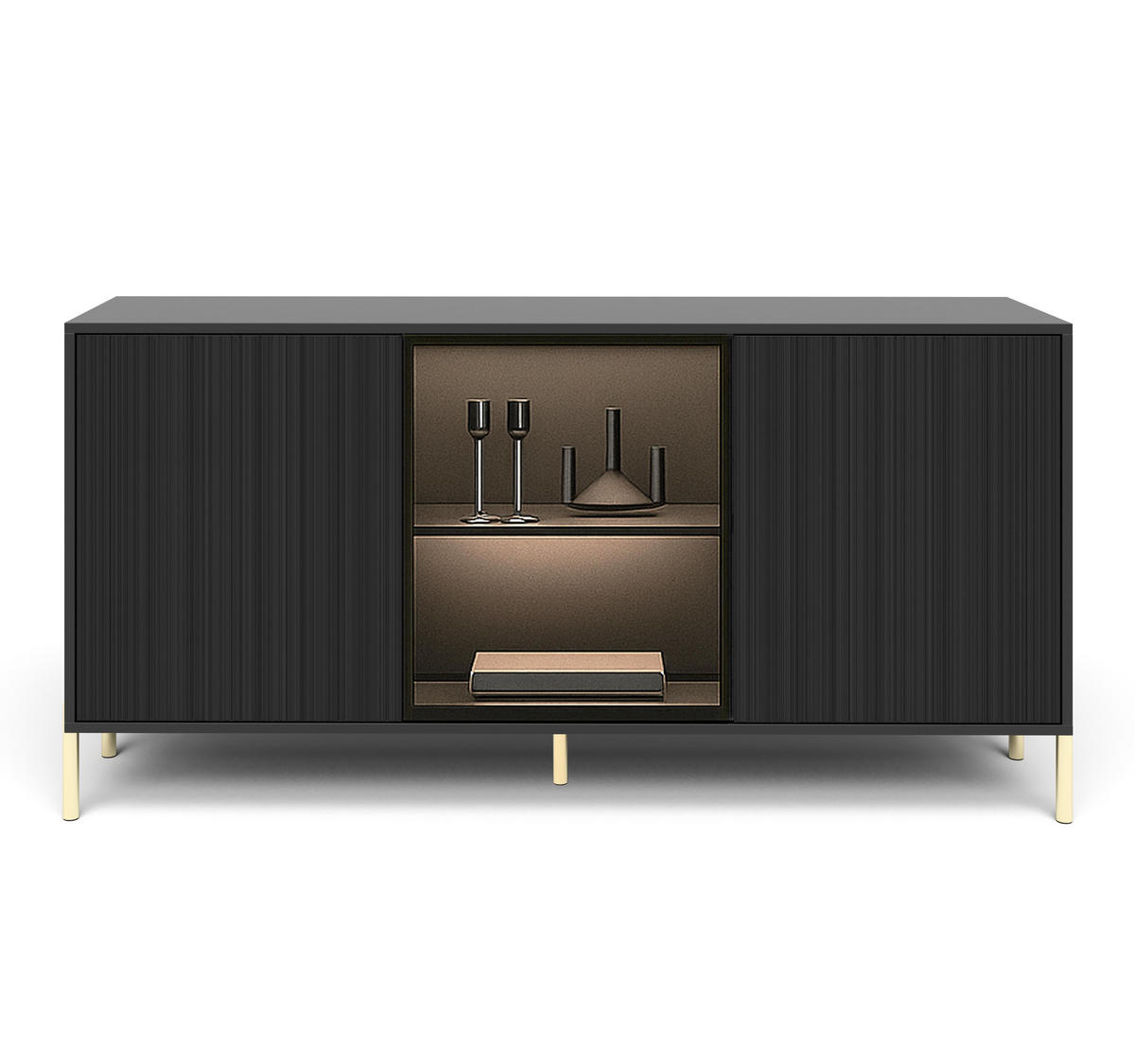 SIDEBOARD Benvie 3T Schwarz 154/80/38 cm – mit Glastüren und goldenen Beinen - Goldfarben/Schwarz, Holzwerkstoff (154/80/38cm) - AX Living