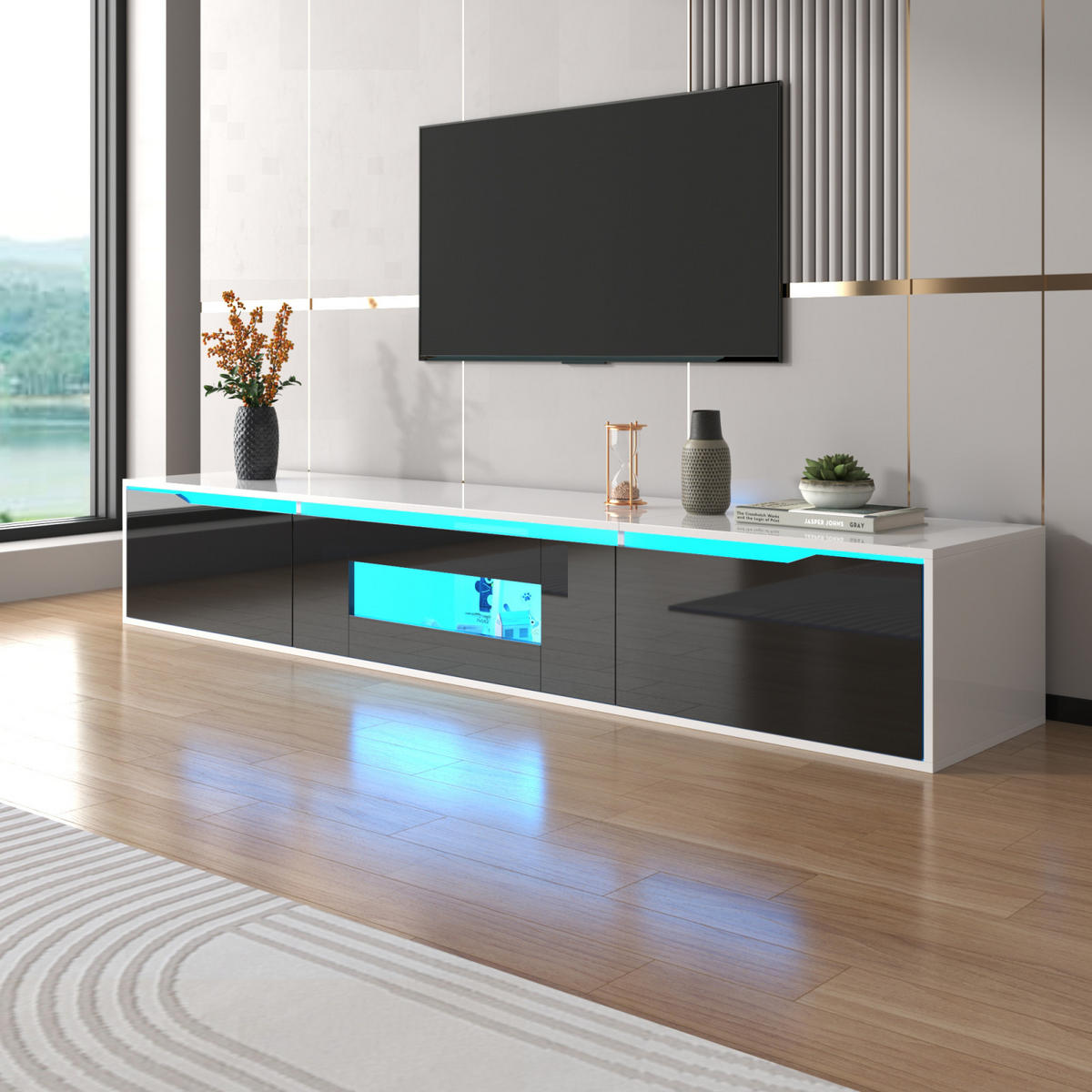TV-LOWBOARD hängend zur Wandmontage mit LED, Hochglanz, modern - Schwarz, Holz (180/35/30cm) - PARAFTA HOME