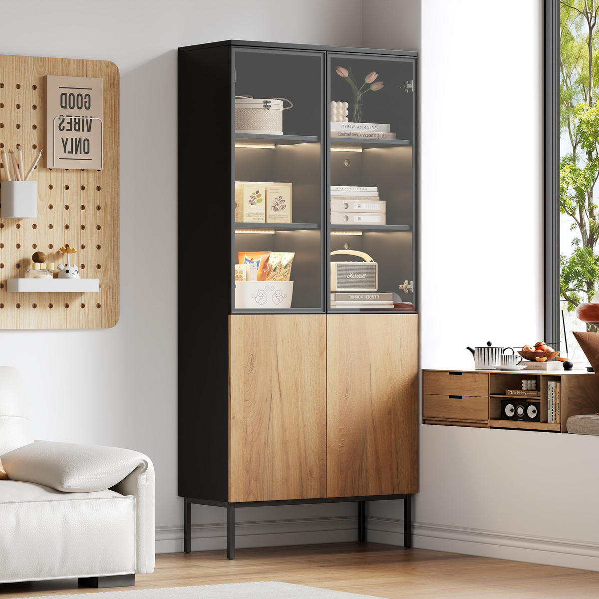 VITRINE LED Glasvitrine 180cm Bücherregal Schwarz Eiche - Multicolor, Holzwerkstoff (74/180/31cm) - FLIEKS