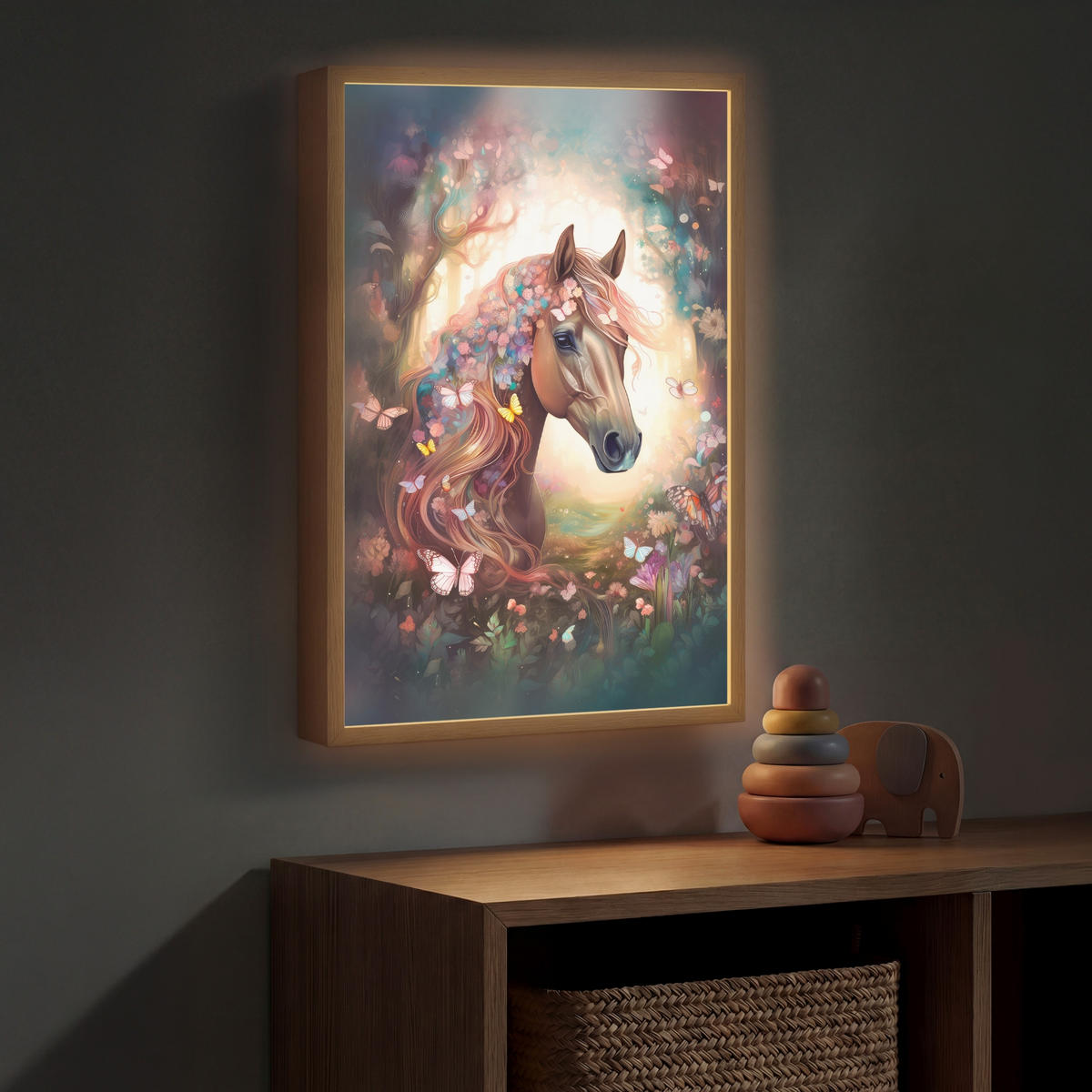 NÁSTĚNNÁ LAMPA S AKUMULÁTOREM Kůň - Příroda - Květiny - Motýli - Les 40x60 cm - tmavě hnědá, kompozitní dřevo (40/60/8cm) - OnlyWow