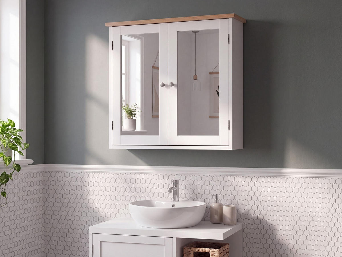 BAD-SPIEGELSCHRANK 65/60 cm Weiß Alamos - Weiß/Braun, Holzwerkstoff (65/60/17cm) - Beliani