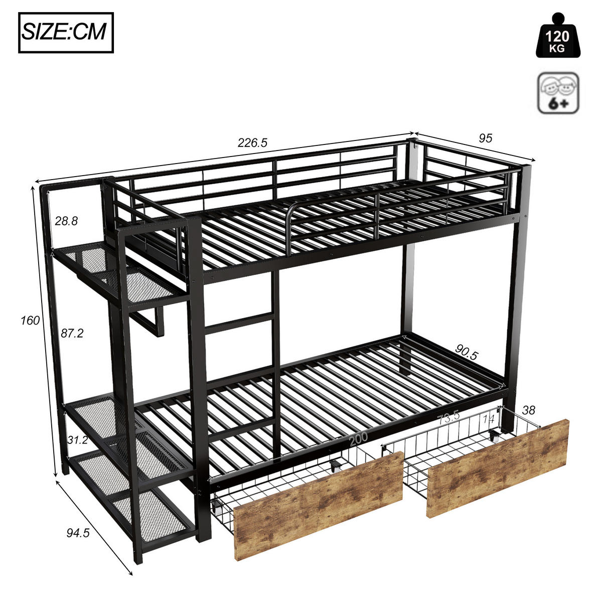 ETAGENBETT 90/200 cm mit LED-Lichtleiste, 2 Schubladen, Regalen und Kleiderstange, Schwarz - Schwarz, Metall (90/200cm) - Redom
