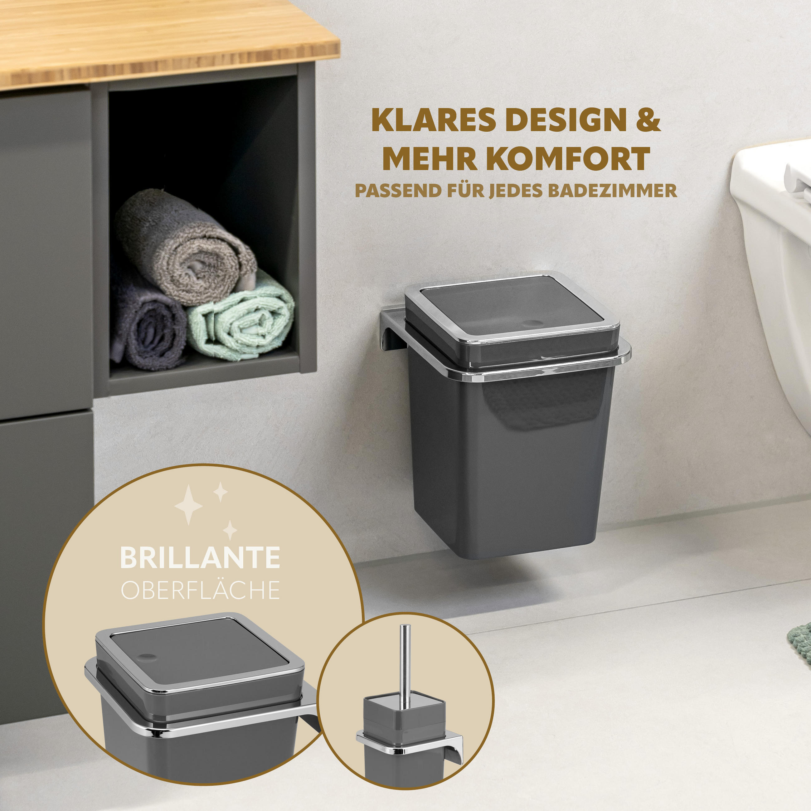 BAD-SET 2tlg. Kosmetikeimer WC-Bürste zur Wandmontage, grau - Grau, Kunststoff (10/36.5/10cm) - bremermann