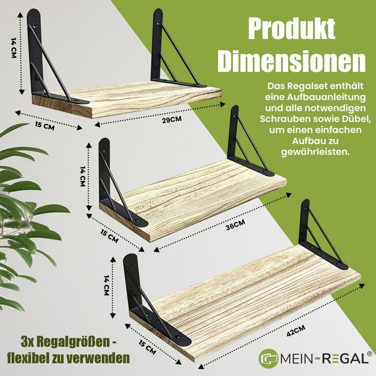 WANDREGAL SAM Massivholz 3er-Set - Naturfarben, Holz (15/14/42cm) - Mein-Regal