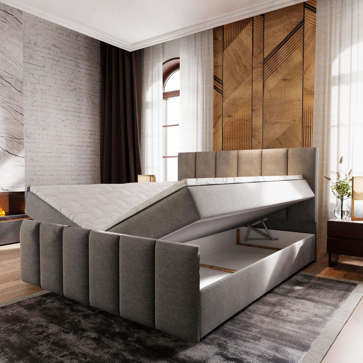 BOXBETT LAGO 180x200 cm mit Matratze und Topper - Grau - Grau, Holz (180/200cm) - MASSENO