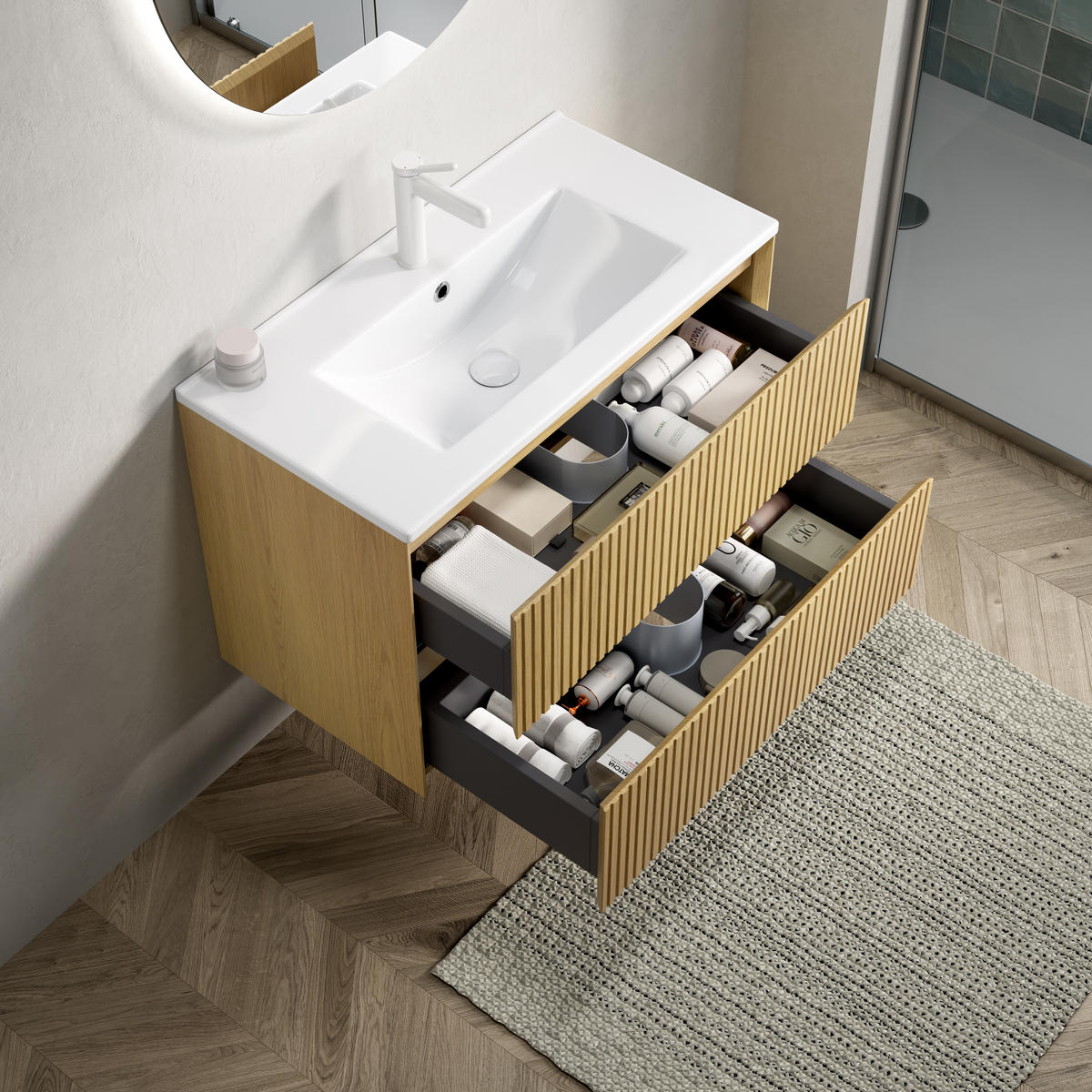 BADEZIMMERSCHRANK 75x39x51.5 cm Goldene Eiche & Weiß aus Keramik mit 2 Schubladen - Eichefarben, Keramik (75/51.5/39cm) - Modfu