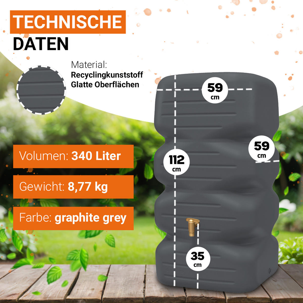 REGENTONNEN Komplett-Set 340 L graphite grey inkl. Kunststoff-Auslaufhahn und Fallrohranschluss - Graphitfarben, Kunststoff (59/112/59cm) - GARANTIA