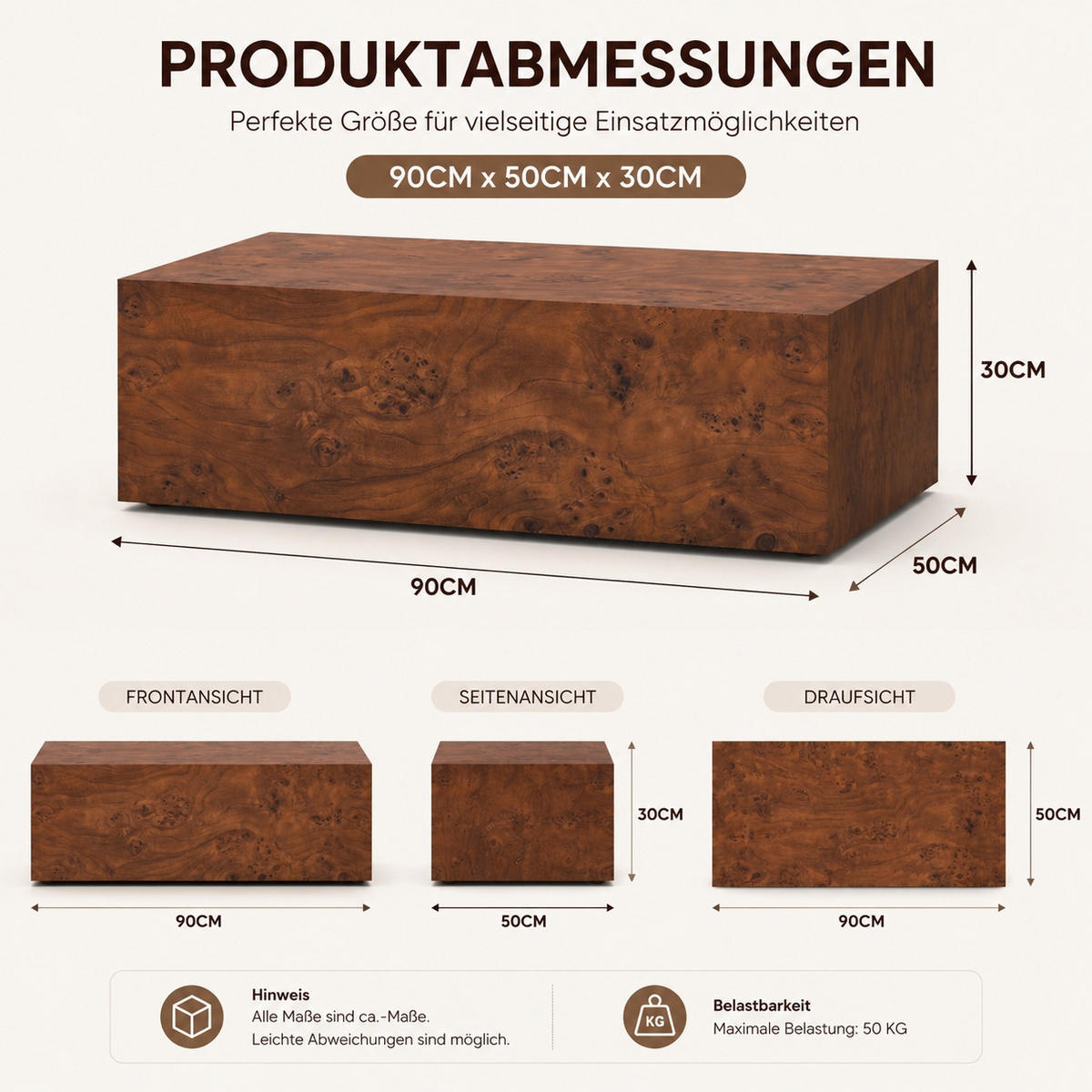 COUCHTISCH DE-37342 mit Holzoptik und stabiler Konstruktion Naturholz - Walnussfarben, Holzwerkstoff (90/50/30cm) - ComfortXL