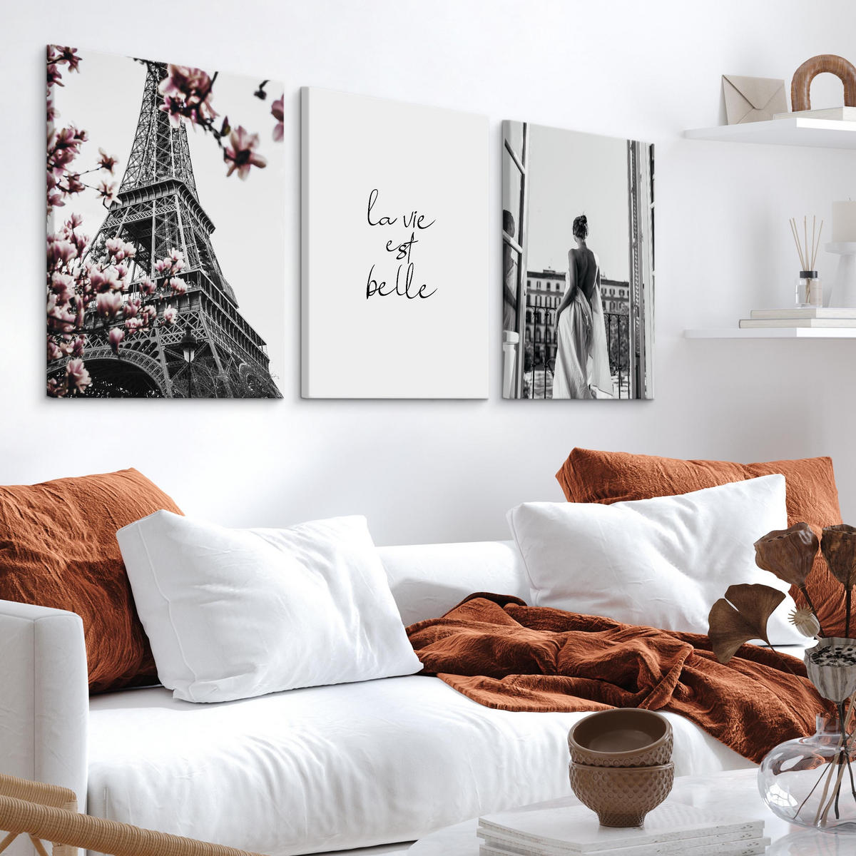 LEINWANDBILDER 3-er Set Blumen Paris 3D - Schwarz/Weiß, Textil (90/40cm) - Muralo