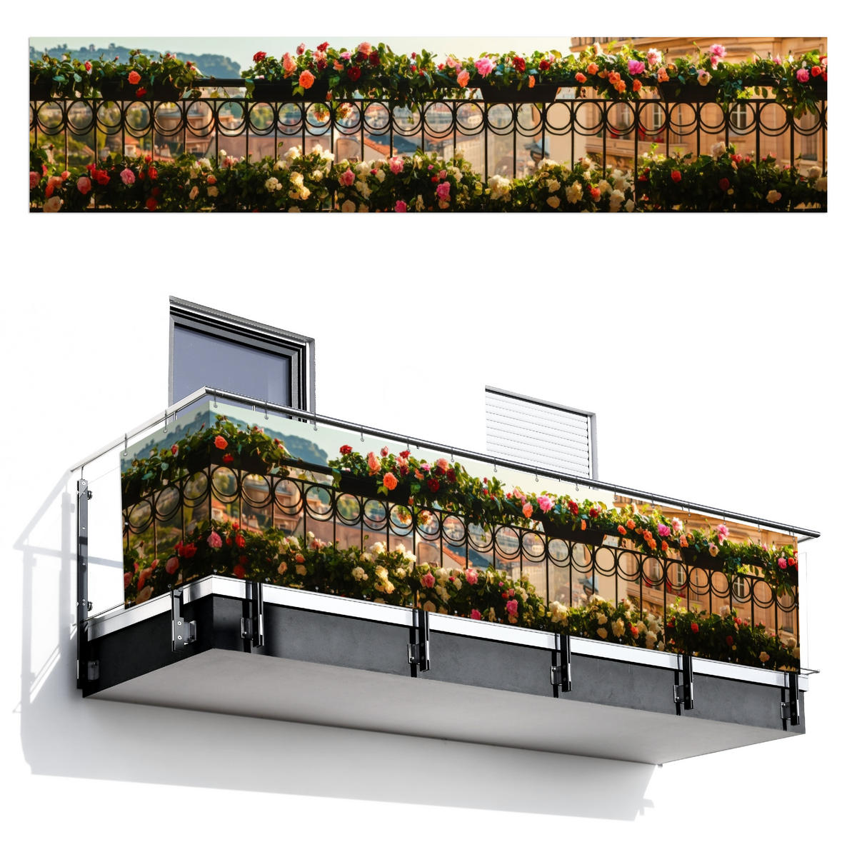 BALKON-SICHTSCHUTZ Blumen - Zaun - Stadtbild - Sommer - Pink, Kunststoff (500/110cm) - MuchoWow