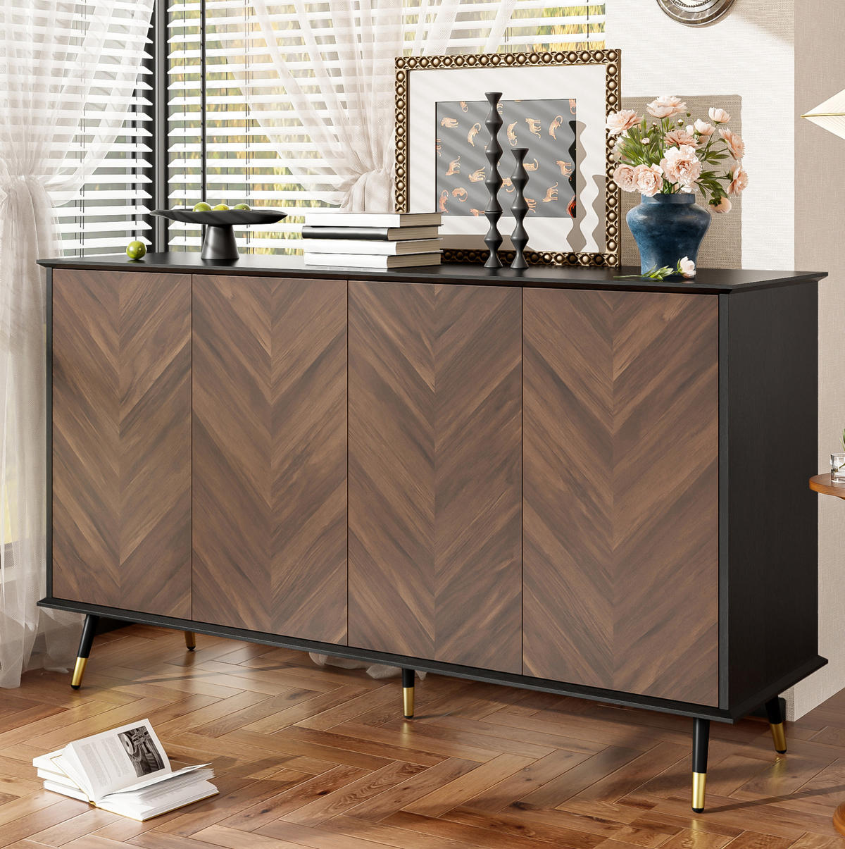 SIDEBOARD 140/40/80 cm Schwarz/Braun aus MDF mit Fischgrätmuster - Schwarz, Holzwerkstoff (40/80/140cm) - OKMYHOME