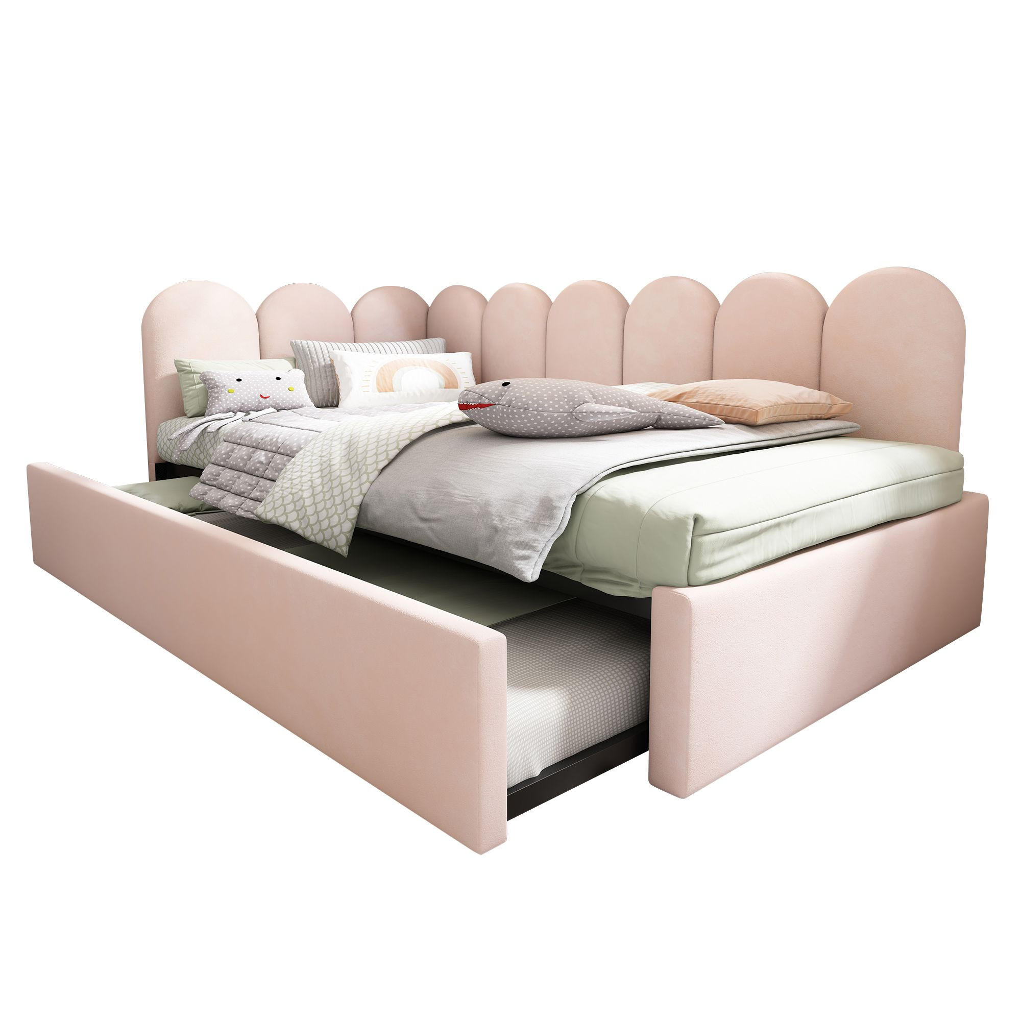 KINDERBETT 90x200 cm mit Ausziehbett，Rosa（ohne Matratze） - Pink, Textil/Metall (90/200cm) - KOMHTOM