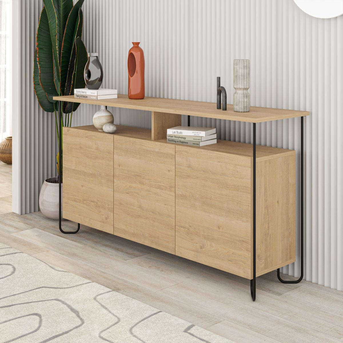 BUFFET 3 Türen und Metallfüße Dilly - L130 cm - Apfelbaumfarben, Holzwerkstoff (40/80/130cm) - Calicosy