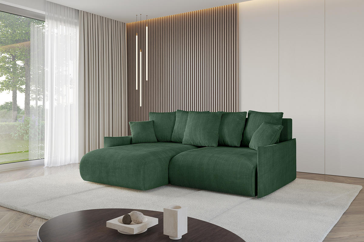 ECKSOFA mit Schlaffunktion und Bettkasten ONESK-L -v1 208x165x40 Grün Cord - Grün, Holzwerkstoff/Kunststoff (208/165cm) - ALTDECOR