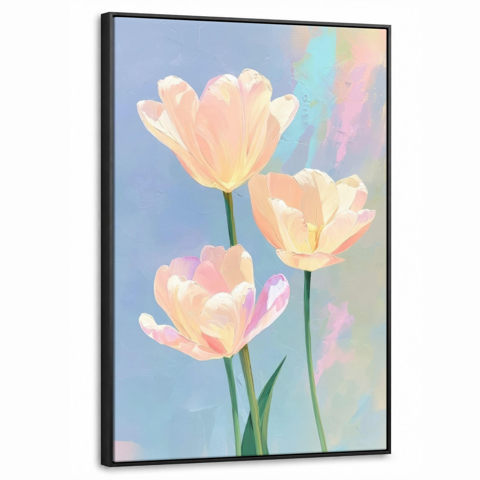 LEINWAND Bilder mit Rahmen - Tulpen - Rosa Akzente - Blau - 60x90 - Pastellblau, Textil (60/90cm) - MuchoWow