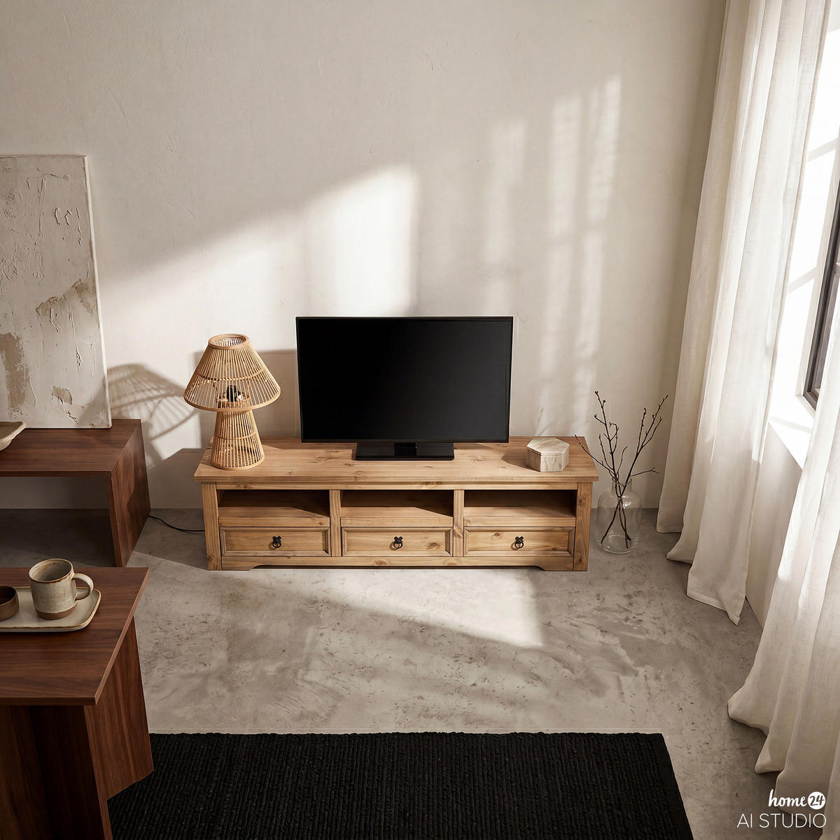 TV-LOWBOARD - Kiefer massiv - 174 cm - Schwarz/Kieferfarben, Holz/Metall (174/46/51cm) - home24