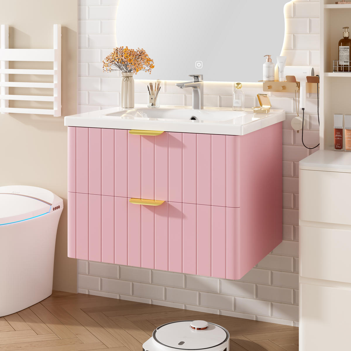 WANDMONTIERTER Waschtisch mit Keramikbecken 60.5x47.5x47cm Rosa-Weiß,2 Ebenen - Rosa, Holzwerkstoff (60.5/47/47.5cm) - Modfu