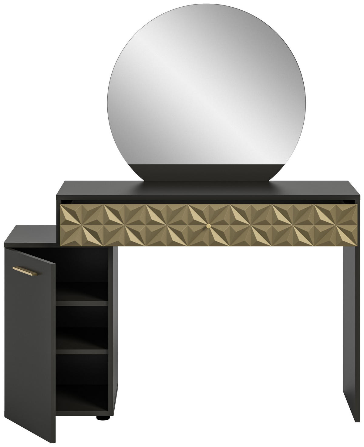 SCHMINKTISCH Prisma Schminktisch in schwarz Melamin und gold hochglanz B/H/T: 117x137x42 cm - Schwarz, Holzwerkstoff (117/138/42cm)